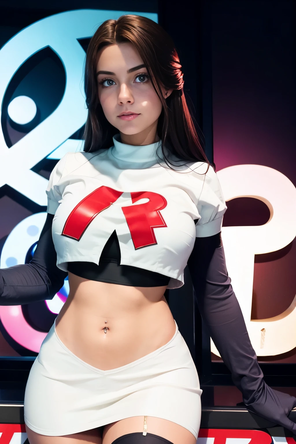 juliaaburch, a woman wearing team rocket,team rocket uniform,white skirt,red letter R,crop top,black thigh-highs,black elbow gloves,