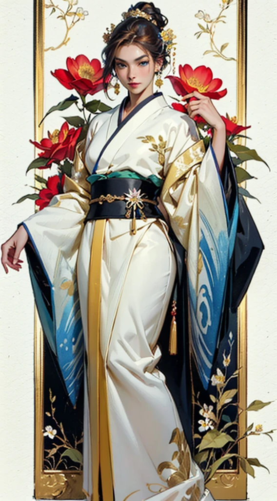 Light Watercolor painting of the most beautiful girl in the world, 2D, digital artwork, detailed, sharp, HD, HDR, 8K, best quality, best resolution, (official art, beautiful and aesthetic:1.4), a woman in white and gold kimono, elegant full body, makeup,, multicolored hair, look at viewer, fine face, Fine eyes, Blue eyes, Detail eyes, Double eyelids, (Pearl earrings:1.2), Highly Detailed Skin Texture, Golden ratio, gorgeous Japanese model, beautiful oriental woman, beautiful goddess, beautiful Asian girl, royal elegant pose, gorgeous lady, classy, (Flower background:1.4), (Colorful:1.1) highest details, HDR, the appearance of the hourglass, portrait, close-up