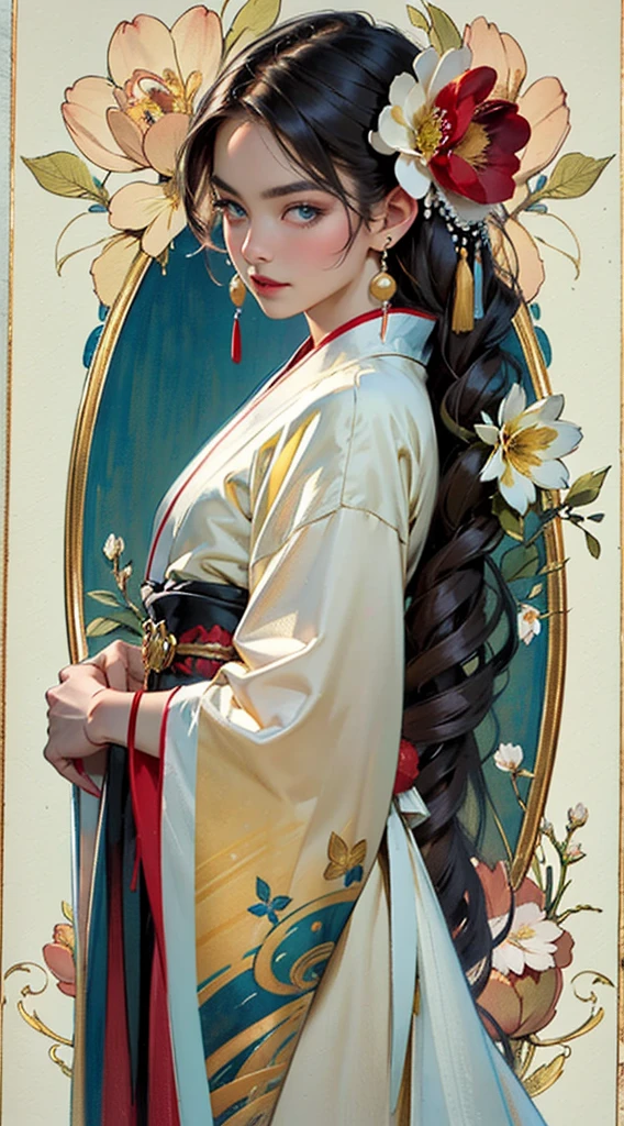 Light Watercolor painting of the most beautiful girl in the world, 2D, digital artwork, detailed, sharp, HD, HDR, 8K, best quality, best resolution, (official art, beautiful and aesthetic:1.4), a woman in white and gold kimono, elegant full body, makeup,, multicolored hair, look at viewer, fine face, Fine eyes, Blue eyes, Detail eyes, Double eyelids, (Pearl earrings:1.2), Highly Detailed Skin Texture, Golden ratio, gorgeous Japanese model, beautiful oriental woman, beautiful goddess, beautiful Asian girl, royal elegant pose, gorgeous lady, classy, (Flower background:1.4), (Colorful:1.1) highest details, HDR, the appearance of the hourglass, portrait, close-up