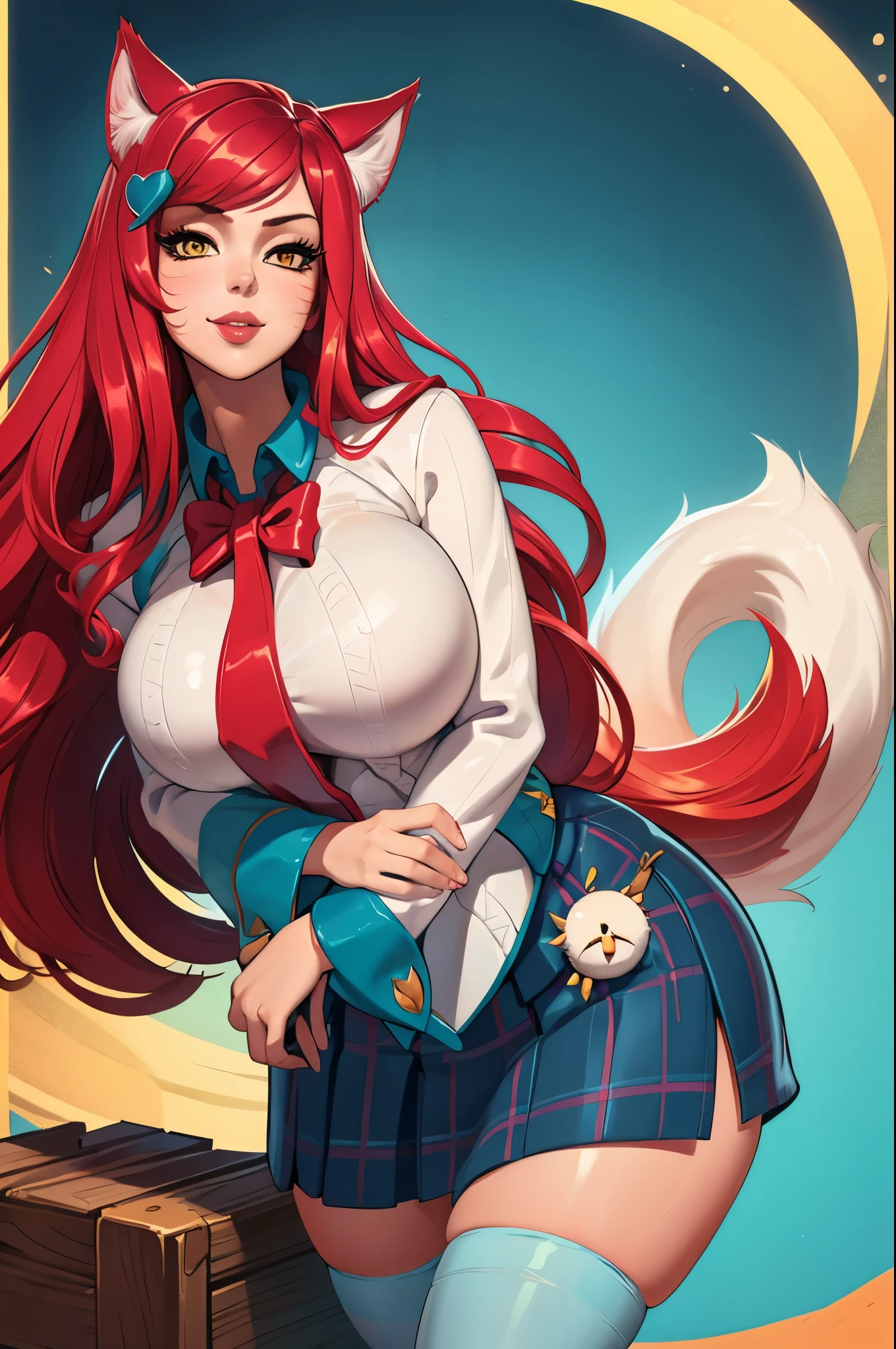 (masterpiece, official art), 1girls, solo, shortstack, thick, curvy, curvaceous, red hair, yellow eyes, long hair, ahri, incrsAhri, fox ears, (school uniform, skirt, thighhighs), (closeup), portrait, (large breasts), standing, view from front, simple background, looking at viewer, (upper body), smile, seductive, alluring attire