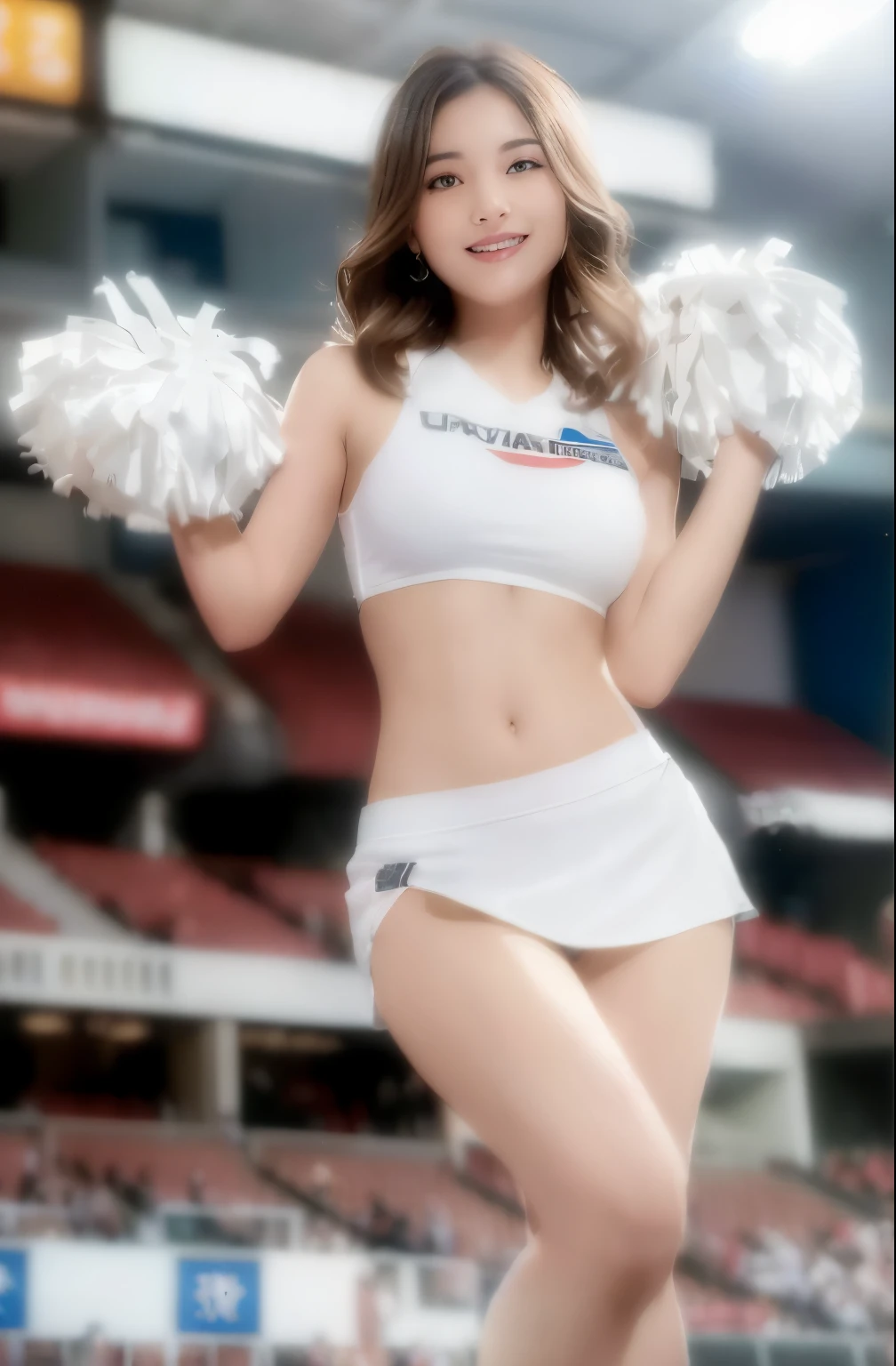 ((highest quality, 8K, photo-realistic:1.4, masterpiece)), Backlight, high kick、white panties、脚を高くhigh kickwhite pantiesを見せています、Woman with highly detailed facial texture, 18-year-old, (((Caucasian cheerleaders:1.2))), ((stadium background: 1.2)), raise your arms, highly detailed skin, beautiful makeup, fine eyes, smile, open your mouth, untidy short hairstyle of shiny brown color,,