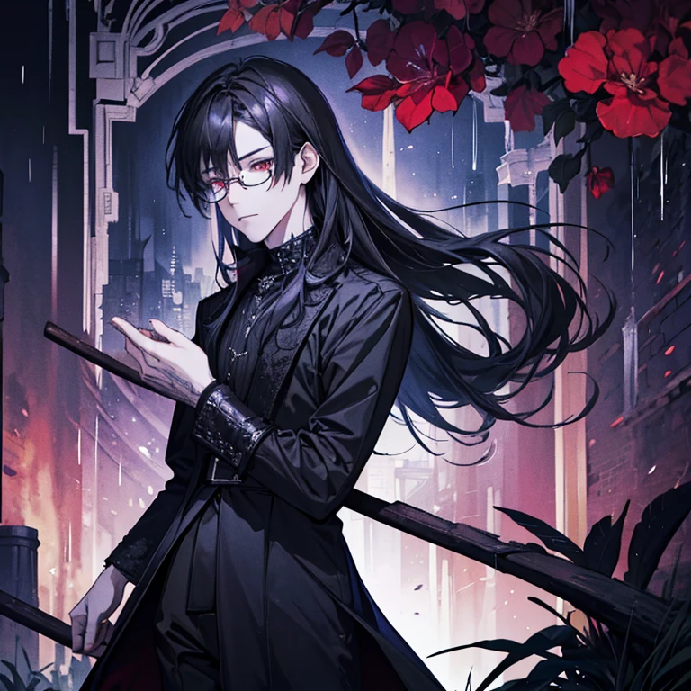 (masterpiece, best quality, super detailed, best shadows), (detailed background,), rain, rainy night, pouring rain, night, crescent moon, 1 Male, solo, solo male, 20, Vampire, walking alone, walking at night, caught in the rain, soaked, gothic victorian long coat, long black hair, glowing red eyes, emotionless expression, exposed chest, gothic, goth, ancient Tokyo Japan, japanese paper lantern, japanese street at night, anime, young, gothic vampire, vampire male, bright glowing red eyes, school student, college student, glasses, center of frame, focus on male, **long hair**, shoulder lenght hair,