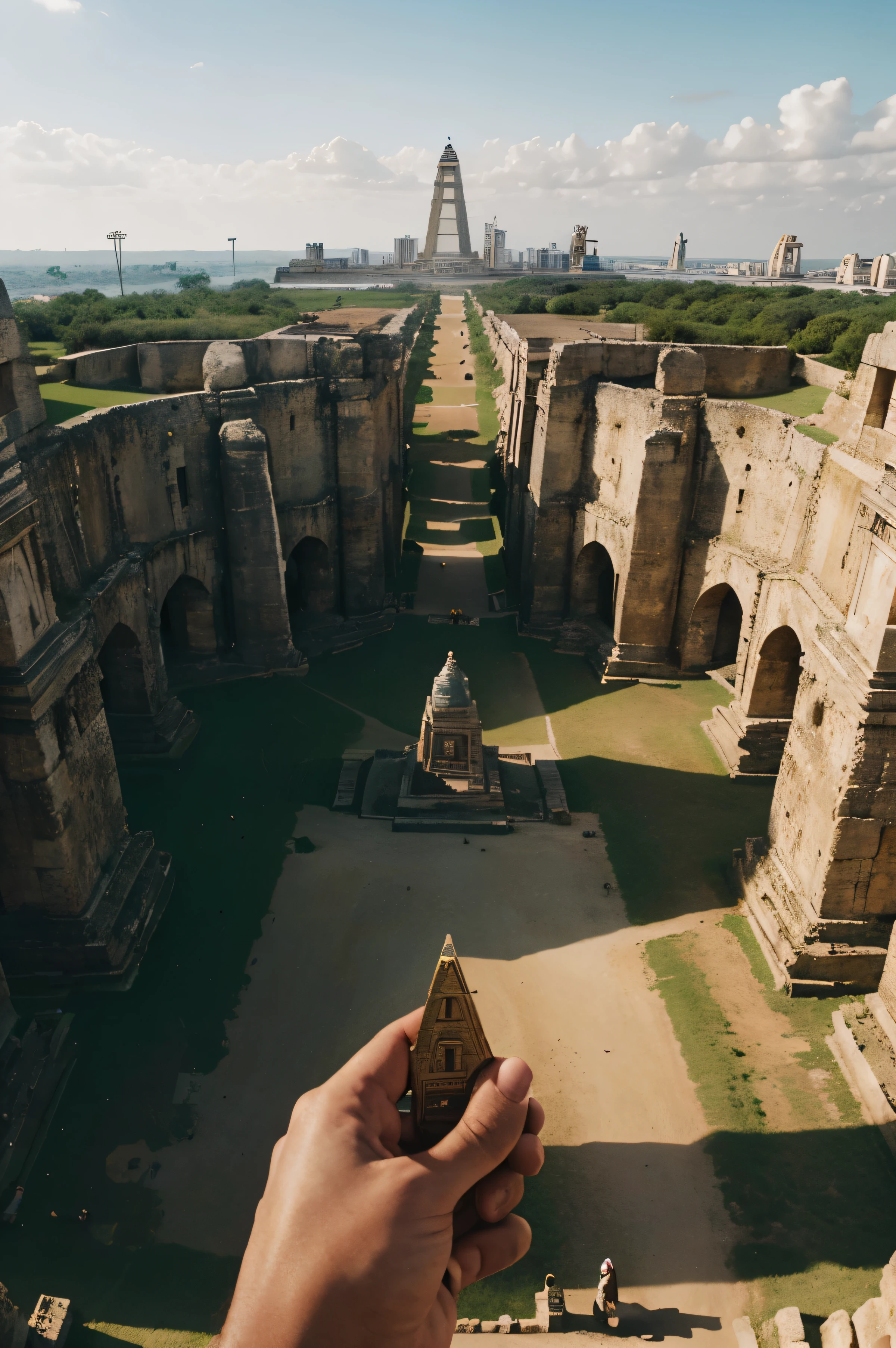 Por favor, crie uma imagem que retrate a idade antiga, incorporating iconic elements like pyramids, o Coliseu e a Esfinge. Ensure that these monuments are integrated into a setting that conveys the grandeur and splendor of ancient civilizations. Considere detalhes realistas nas estruturas, in the clothing and landscape to capture the authenticity of this historical period.