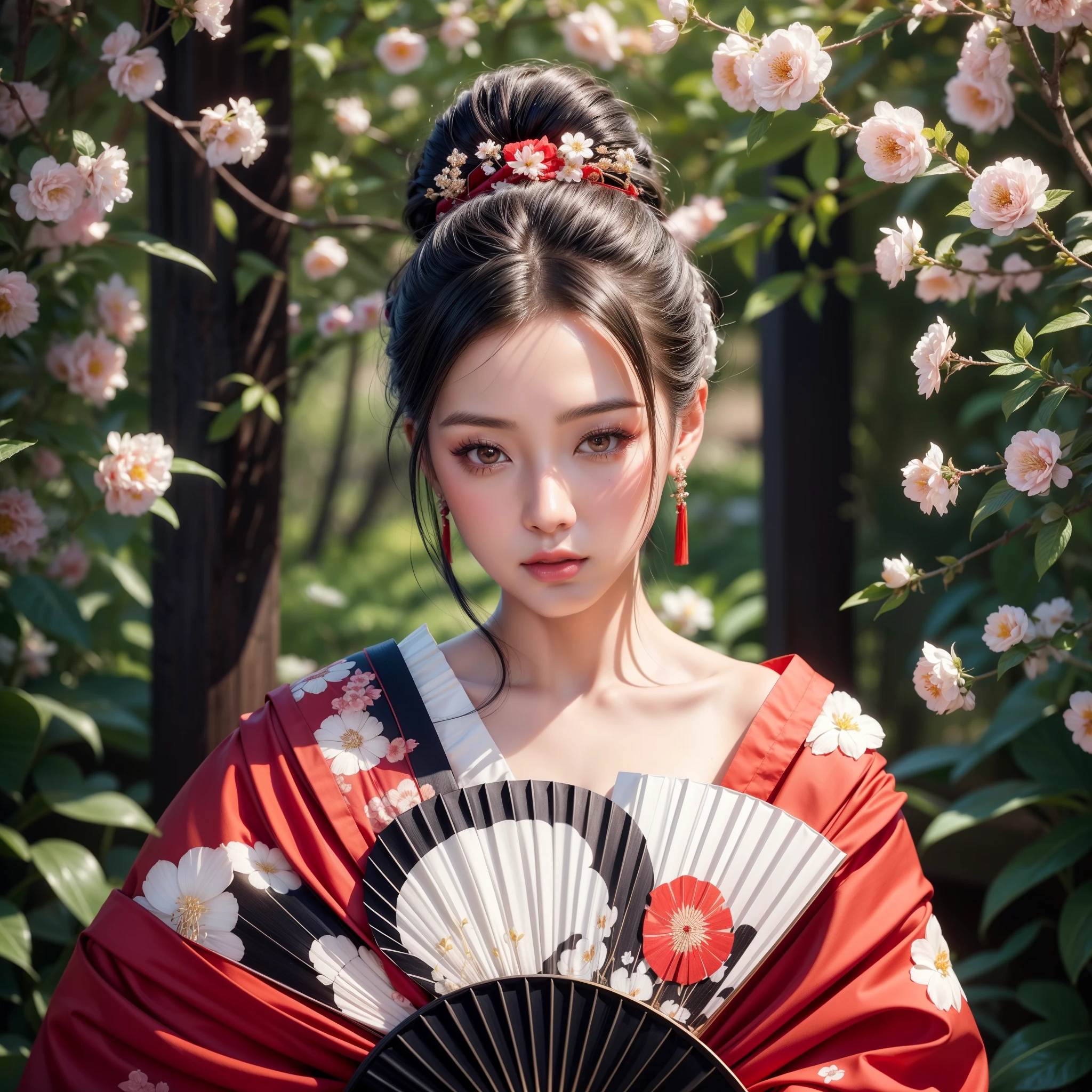 A beautiful geisha with black hair with a bun, pale silky skin with makeup, beautiful eyes, beautiful lips, wearing earrings, wearing a red flowery kimono, holding a fan, and in the background beautiful wildflowers, photorealistic flower field geisha, elegant hyperrealistic glamorous geisha , a beautiful Asian beauty of intricate detail.