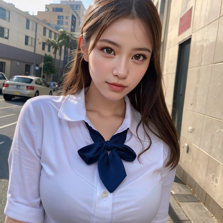 (masterpiece:1.4), (8K, realistic, RAW photo, highest quality: 1.4), Japanese, (1 girl), beautiful face, (realistic face:1.4), (very detailed髪:1.3), beautiful hairstyle, realistic eyes, beautiful and fine eyes, (realistic skin:1.3), beautiful skin, Charm, ultra high resolution, surreal, very detailed, golden ratio, (detailed face:1.4), (Realistic medium breasts:1.4), (school uniform)