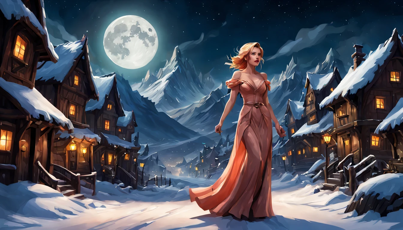 Graceful and fluttering nymph, "Scarlett Johansson in a long dark salmon dress", caminhando a noite, and with a night sky with moon over snowy mountains, Arte conceitual de inverno, blizzard Arte conceitual de Hearthstone, arte de fundo, arte conceitual estilizada, Fundo da cidade, a bustling magical town, fundo da aldeia nightime, Arte conceitual de Hearthstone, fantasy city setting, arte do jogo de cartas de hearthstone. ”, Noite de Natal de inverno nevada, cidade medieval de fantasia, magical village, Fundo do centro da cidade
