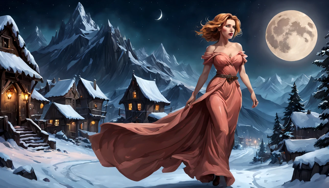 Graceful and fluttering nymph, "Scarlett Johansson in a long dark salmon dress", caminhando a noite, and with a night sky with moon over snowy mountains, Arte conceitual de inverno, blizzard Arte conceitual de Hearthstone, arte de fundo, arte conceitual estilizada, Fundo da cidade, a bustling magical town, fundo da aldeia nightime, Arte conceitual de Hearthstone, fantasy city setting, arte do jogo de cartas de hearthstone. ”, Noite de Natal de inverno nevada, cidade medieval de fantasia, magical village, Fundo do centro da cidade