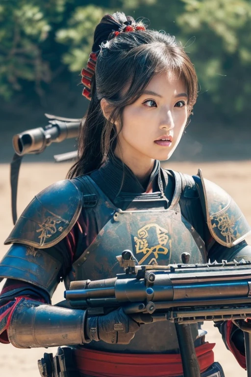 extremely detailed CG unity 32K wallpaper, top quality, masterpiece, raw photo, photorealistic, highest resolution, professional photo, dynamic, cinematic lighting, (Japan in 19th century, science fiction:1.4), steampunk, Edo Period, sharp focus, depth of field, (perfect body, correct anatomy:1.5), intricately detailed face, expressive face, POV, (from front:1.3), 1 girl, Japanese woman, ((female warrior of Tokugawa Shogunate:1.3)), solo, cowboy shot, black hair, ponytail, ultra-realistic skin, detailed skin, tan, (dark and bright eyes:1.4), highly detailed nose and lips, (innocent face:1.2), ((samurai armor:1.5)), (slender, medium breast:1.5), ((powered suit:1.4)), perfect body proportion, he girl's body is highly weaponized, (((in combat with army of a Western Nation:1.2))), (((holding a large machine gun and shooting the machine gun:1.5))), (((outdoor, battlefield, vandalize town, noon:1.3)))