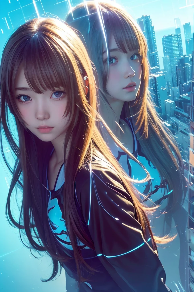 (anime),(cute)(masterpiece), (highest quality),1 girl,Upper body,(double exposure:1.2),(simple background:1), (cinematic angle),(dynamic angle),messy long hair,(low contrast),(flat color:0.7)