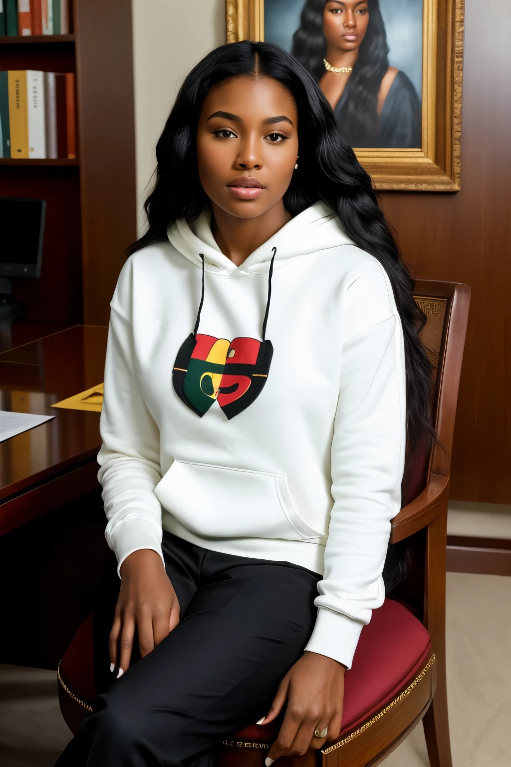 ((best quality)), ((masterpiece)), (detailed), perfect face in the style of photorealism, create an ultra realistic photo portrait of a stunningly beautiful ebony woman, with long black hair, wearing a white gucci hoodie, looking straight ahead at the camera, sitting in a large white executive office chair behind a teak office desk with large windows framing the background, Nikon 50mm