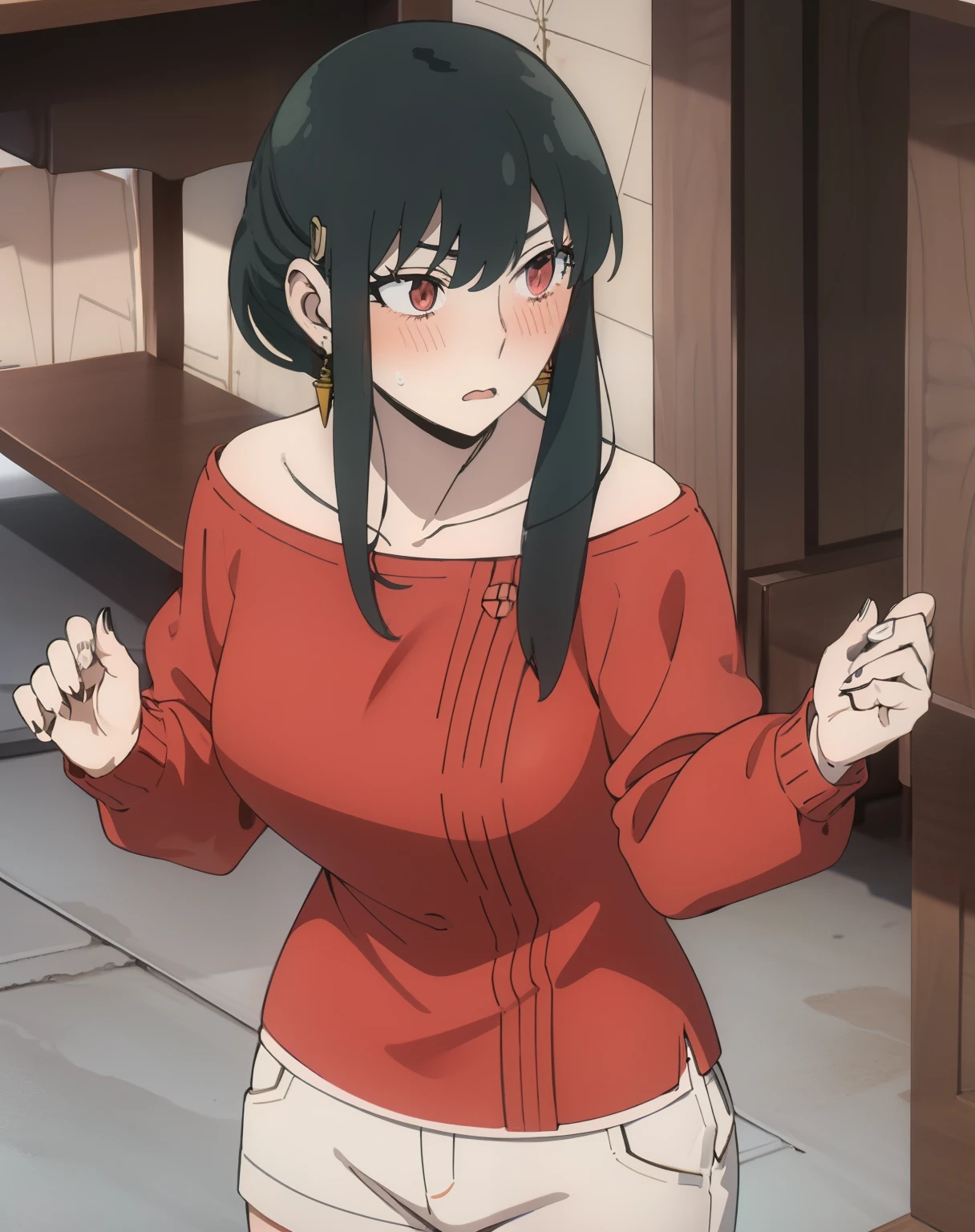 yor briar, sad, off shoulder, black clothes, hands up, side boobs, cleavage, navel, black haIr, hair ornament, hand behind back, blush, white splash background, short pants, no sleeve