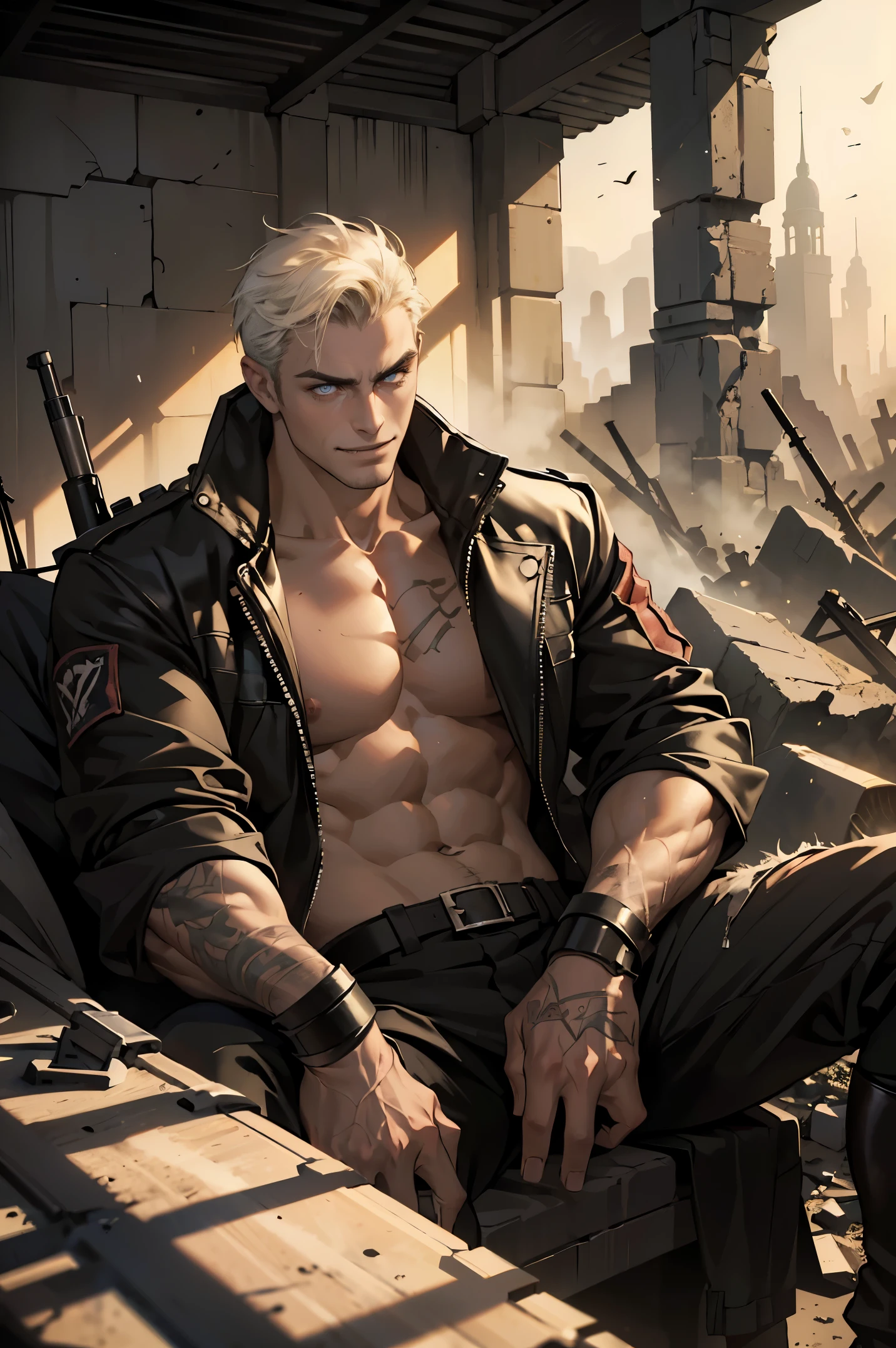 1boy, upper body, handsome male, perfect male body, High quality, Best Quality, portrait, dynamicpose, (Mercenary, holding a rifle, evil grin), tall, strong and muscular, sitting in ruins, Mad Max, Ropa punk,Paramo clothing, Ray tracing, dramatic shadows, dramatic compositions, Cinematic lighting, delicate face