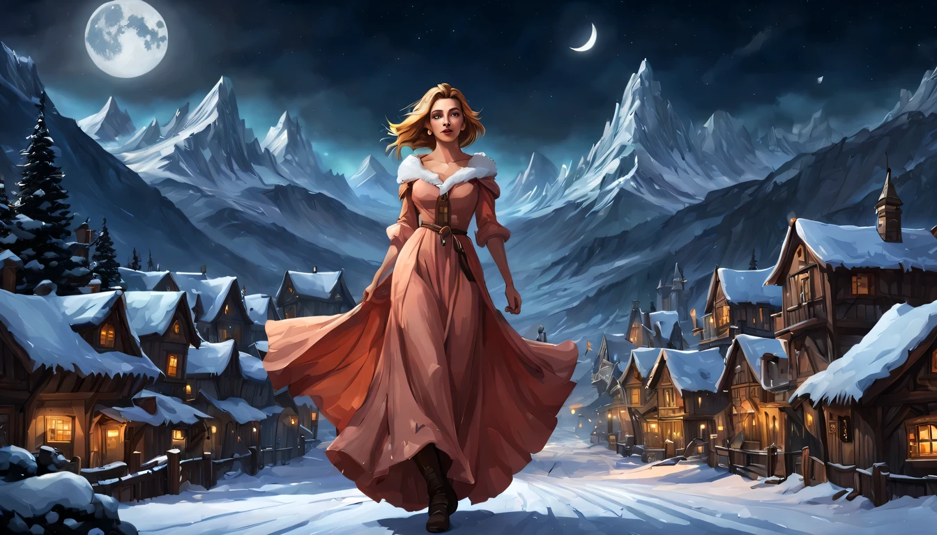 Graceful and fluttering nymph, "Scarlett Johansson in a long dark salmon dress", caminhando a noite, and with a night sky with moon over snowy mountains, Arte conceitual de inverno, blizzard Arte conceitual de Hearthstone, arte de fundo, arte conceitual estilizada, Fundo da cidade, a bustling magical town, fundo da aldeia nightime, Arte conceitual de Hearthstone, fantasy city setting, arte do jogo de cartas de hearthstone. ”, Noite de Natal de inverno nevada, cidade medieval de fantasia, magical village, Fundo do centro da cidade
