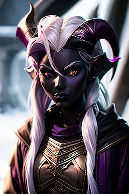 Tiefling women artificer with black skin color and purple hair in a frozen wasteland