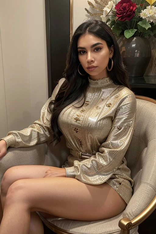 25-year old Mexican-American woman, (round face shape), long wavy black hair, big beautiful eyes, dark eye shadow, dark thick eye brows, thin nose, nose ring, juicy lips, high cheekbones, wearing earrings, wearing tight Nadia Long Sleeve Scoop Back Midi Dress, wearing sexy high heels, sitting with legs crossed, can see sexy legs, full body shot, super detailed, 8k, intricately maximalist-details, extremely detailed, masterpiece