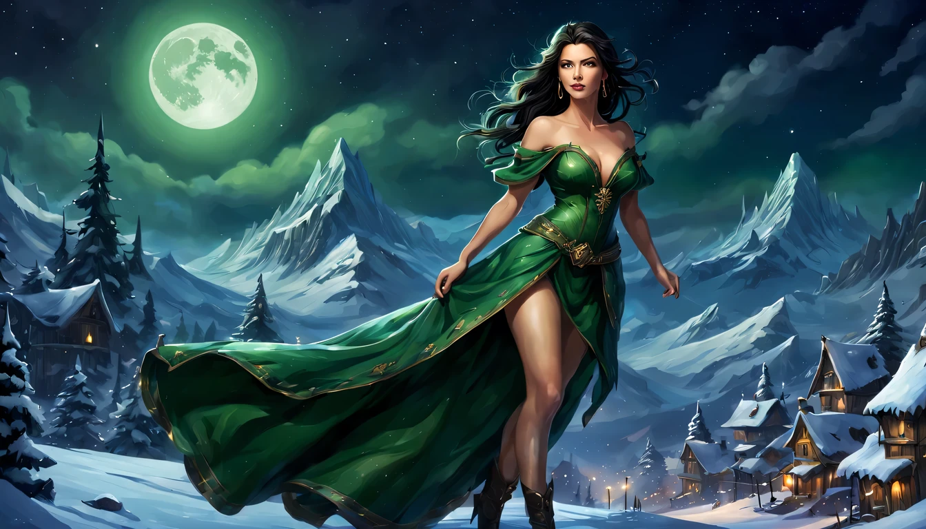 Graceful and fluttering nymph, "Catherina Zeta Jones com vestido Verde escuro longo", caminhando a noite, and with a night sky with moon over snowy mountains, Arte conceitual de inverno, blizzard Arte conceitual de Hearthstone, arte de fundo, arte conceitual estilizada, Fundo da cidade, a bustling magical town, fundo da aldeia nightime, Arte conceitual de Hearthstone, fantasy city setting, arte do jogo de cartas de hearthstone. ”, Noite de Natal de inverno nevada, cidade medieval de fantasia, magical village, Fundo do centro da cidade
