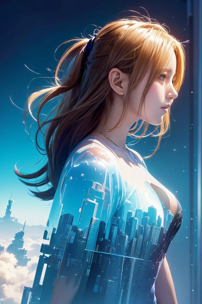 (anime),(cute)(masterpiece), (highest quality),1 girl,Upper body,(double exposure:1.2),(simple background:1), (cinematic angle),(dynamic angle),messy long hair,(low contrast),(flat color:0.7)