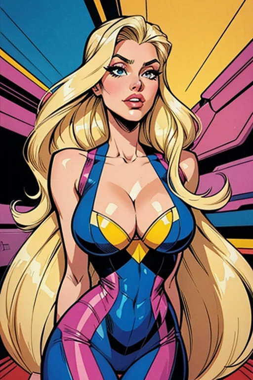 High quality, comics style,retro futurism woman,fashion style,blonde long hair, beautiful face,long eyelashes,cleavage,tight látex suit