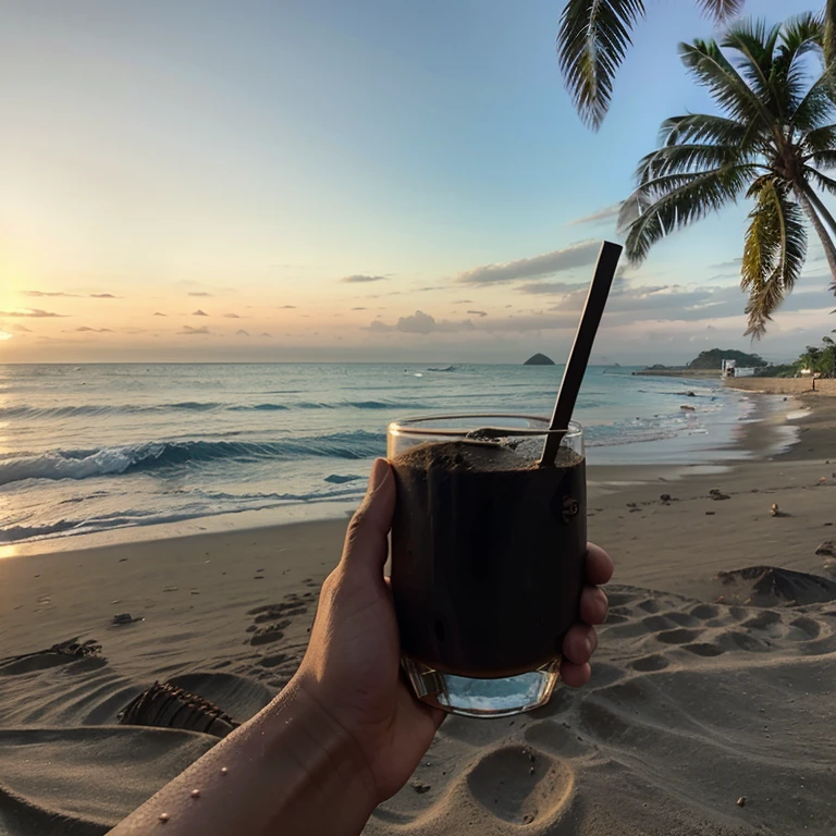 Hand hold a glass of black cofee, pov hand, beach, beautiful morning vibes, sea, indonesian beach