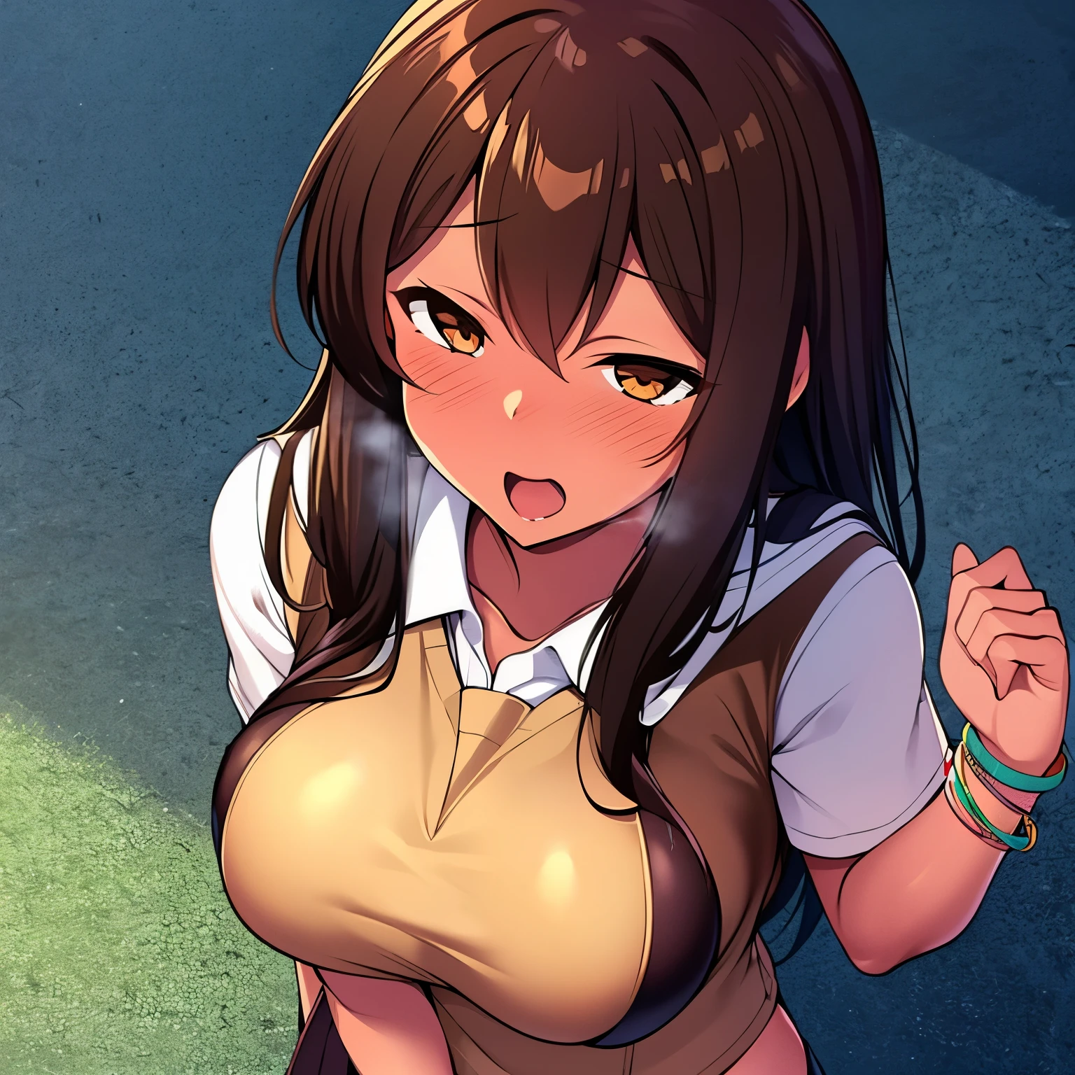 Anime style image of a girl with long brown tanned skin and. Brown wears a schoolgirl uniform 