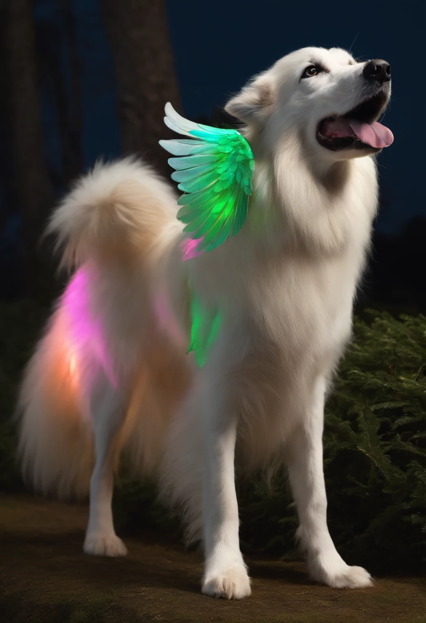 , the dog has neon wings on its back , 8k，obra-prima，alta qualidade，Collie or border collie dog, ele veste roupinhas fofas, ele usa roupa de pets, estilo desenhos animados，figura de pau，linhas de trabalho，illustration，Q version，Under the tree，Sente-se e coma caqui, neon lights in the background