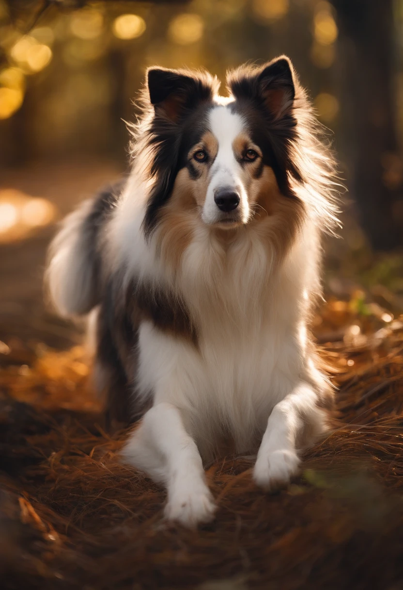 , the dog has neon wings on its back , 8k，obra-prima，alta qualidade，Collie or border collie dog, ele veste roupinhas fofas, ele usa roupa de pets, estilo desenhos animados，figura de pau，linhas de trabalho，illustration，Q version，Under the tree，Sente-se e coma caqui, neon lights in the background