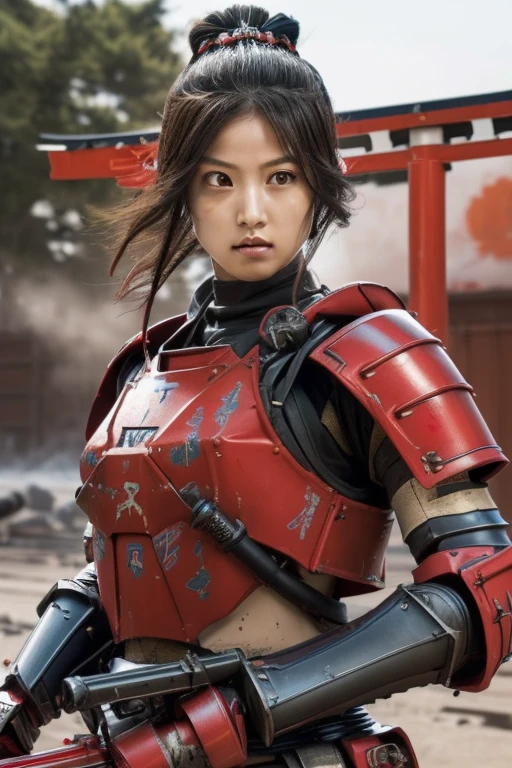 extremely detailed CG unity 32K wallpaper, top quality, masterpiece, raw photo, photorealistic, highest resolution, professional photo, dynamic, cinematic lighting, (Japan in 19th century, science fiction:1.4), steampunk, Edo Period, sharp focus, depth of field, (perfect body, correct anatomy:1.5), intricately detailed face, expressive face, POV, (from front:1.3), 1 girl, Japanese woman, ((female warrior of Tokugawa Shogunate:1.3)), solo, cowboy shot, black hair, ponytail, ultra-realistic skin, detailed skin, tan, (dark and bright eyes:1.4), highly detailed nose and lips, (innocent face:1.2), ((red samurai armor:1.5)), (slender, beautiful breast:1.5), ((powered suit:1.4)), perfect body proportion, the girl's body is highly weaponized, (((in combat with hostile army:1.2))), (((holding a heavy machine gun and shooting the heavy machine gun:1.5))), (((outdoor, battlefield, vandalize town, noon:1.3)))