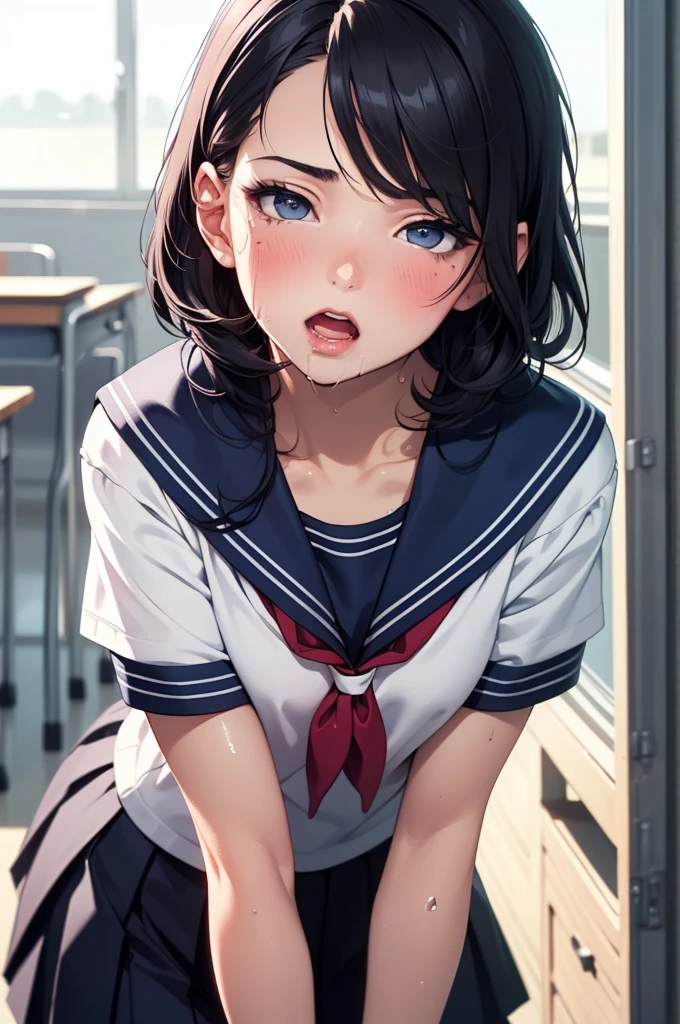 (Photorealistic:1.5), (​masterpiece, Highly detailed 8K CG, Sharp lines), hi-school girl, A dark-haired, Beautiful anime schoolgirl, Smooth Anime CG Art, Beautiful anime schoolgirl, Beautiful anime girl, (-yeld beiful girl:1.2), Detailed skin, (gleaming skin:1.6), (beautiful short black hair.:1.4), Beautiful black hair, blue Eye, (many streaming sweat:1.2), (drunken eyes:1.9), (orgasm:1.9), (flat chest:1.8), (gaunt:1.9), (student clothes, a sailor suit, Dark blue pleated skirt:1.4), (sleeveless:1.2), (head shot:1.2), wet, solo, one girl, (shoot from above:1.2), (leaning forward:1.5), Inside the classroom, (open mouth:1.3), (Tight fitting clothes:1.0), (blush:1.0), (Lots of clear drool overflows from her mouth and drips from her chin.:1.2), (half closed eyes:1.3), (arms behind back:1.6)