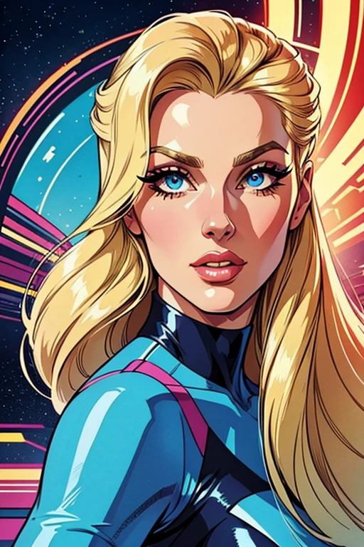 High quality,,retro futurism woman,fashion style,blonde long hair, beautiful face,long eyelashes,tight látex suit