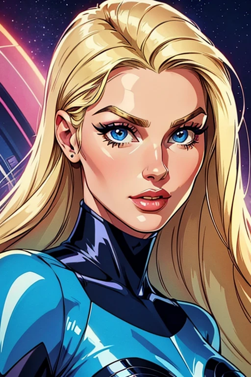High quality,,retro futurism woman,fashion style,blonde long hair, beautiful face,long eyelashes,tight látex suit