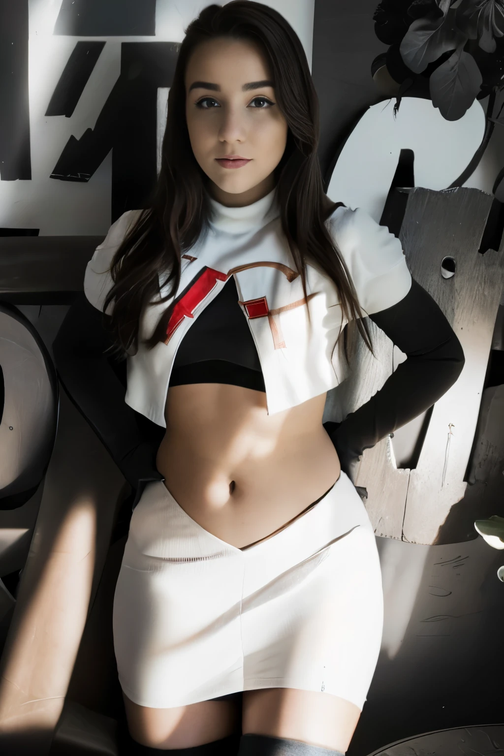 woman,missrage, (masterpiece:1.4, best quality), (intricate details), ultra detailed, hyper realistic, detailed skin, team rocket,team rocket uniform,white skirt,red letter R,crop top,black thigh-highs,black elbow gloves,