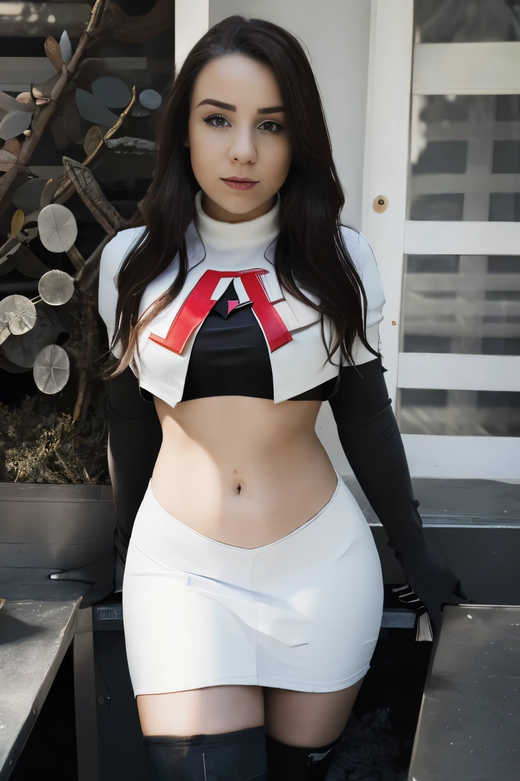 (A hyper-realistic)、(hight resolution)、(8K)、(ighly detailed)、(beautifully detailed eyes)、(top-quality)、(ultra-detailliert)、(masterpiece)、(A detailed face)、Beautiful sexy woman standing on the snow forest , long dark brown hair,(( no clothes nude , white sport shoes, black sport gloves, knee protector, tie collar))、Very gigantic-breasts:1.8、You can clearly see the shape of the chest、belly is visible, nude 、long legged