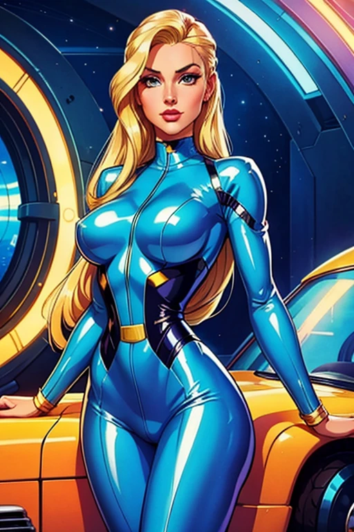 High quality,,retro futurism woman,fashion style,blonde long hair, beautiful face,long eyelashes,tight shine látex suit, minimum waist