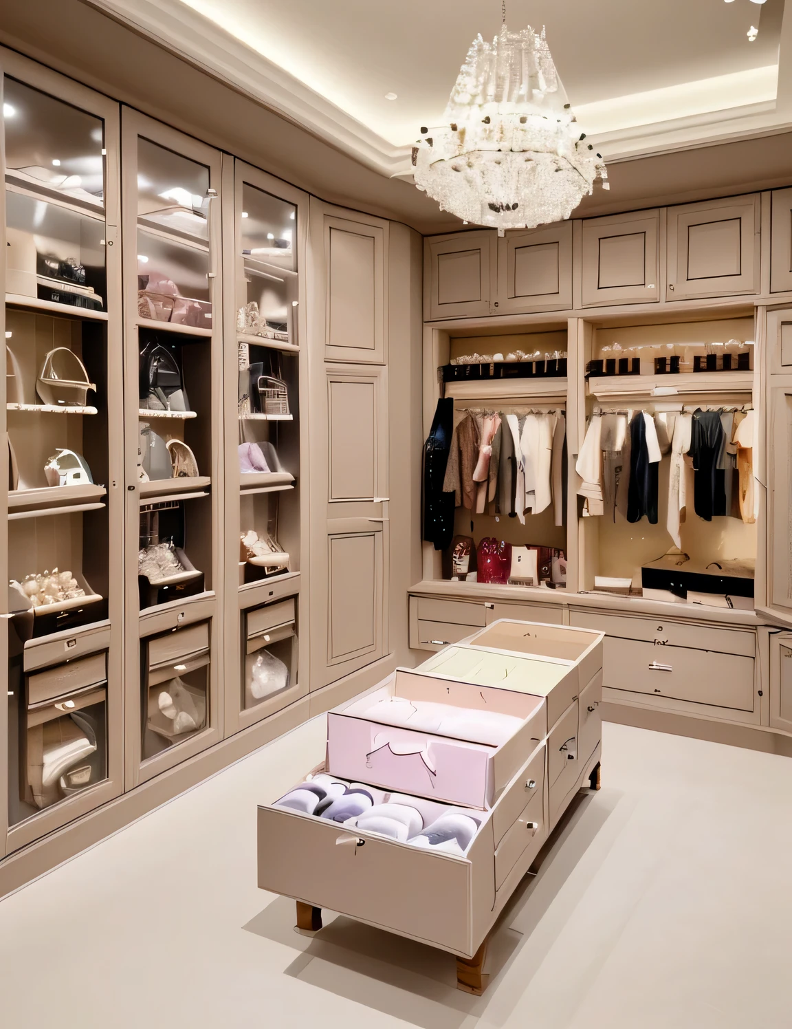 Add some nice bags,Add a row of luggage display cabinets,add a drawer,open drawer,There are a lot of beautiful jewelry inside