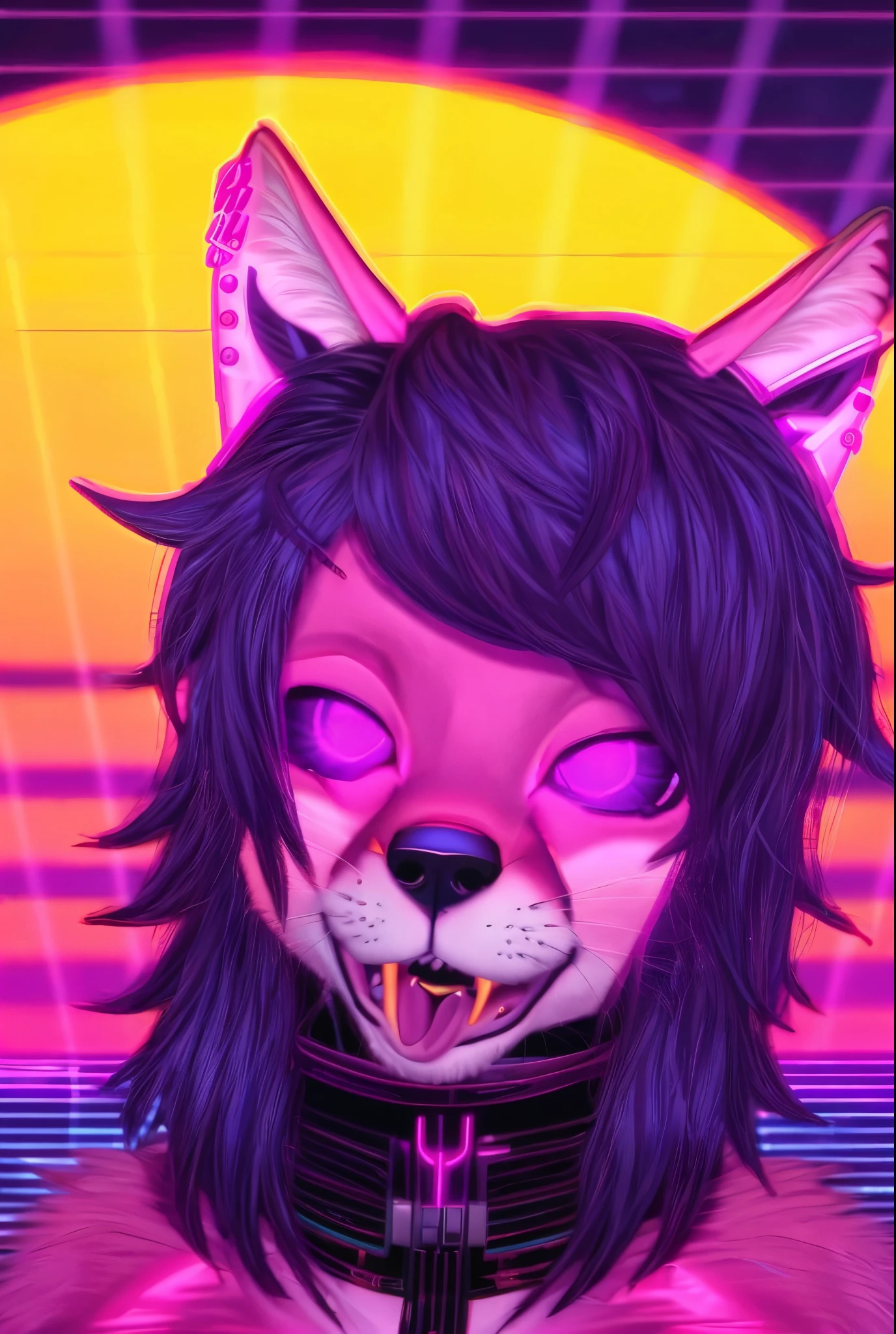 a close up of a cartoon cat with purple eyes and a choke, fursona!!!!, weirdcore voidpunk fursona, ((synthwave)), synthwave art style ]!!, synthwave colors!!, ((sunset)), [ synthwave art style ]!! ]!!, ( ( ( synthwave ) ) ), [ synthwave art style ]!!
