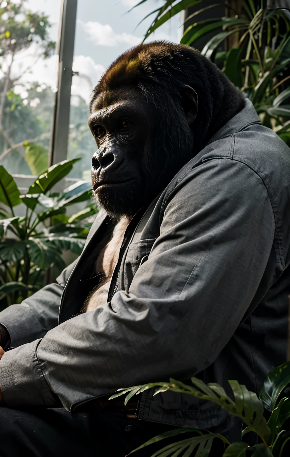 Gorilla, eye glass, grey jacket, high quality in jungle, 4k, hdr, realistic, animal