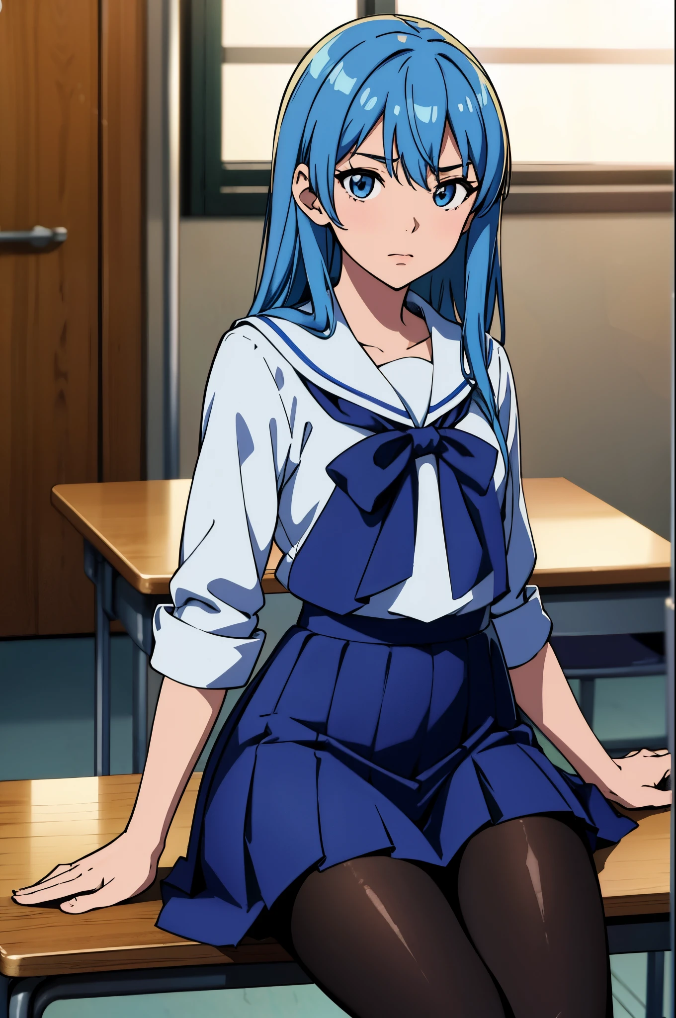 masterpiece, best quality, ultra-detailed, illustration, colorful, flat color, depth of field, lens flare, 1girl, hoshimachi suisei, anime, sitting, blue hair, looking at viewer, school, school uniform, classroom, naked pantyhose, bottomless, navel, black pantyhose, detailed skin texture, detailed cloth texture, beautiful detailed face