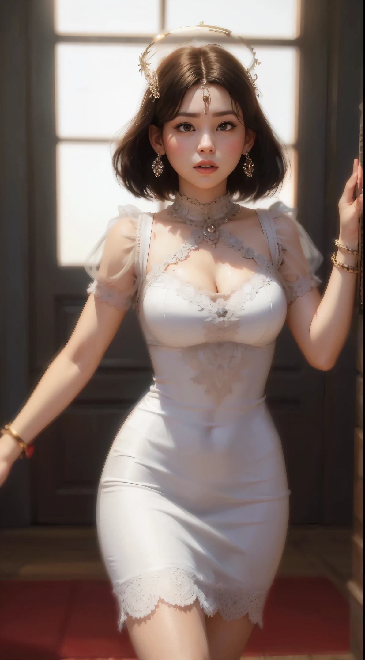 Masterpiece, Best quality, Realistic, 1人, cute female, Sexy and charming girl, 20-year-old girl, Very attractive looking girl, Extremely detailed face, ((dark gray eyes)), ((Right sweep dark brown short hair)),((short hair girl))， [Slender eyebrows], Detective, International city, Short white dress，Bigchest，Leaky shoulders，White sneakers，Pink stockings， Cinematic lighting, holding dagger, Postural dynamics,eyes looking at viewer，On the street，natta