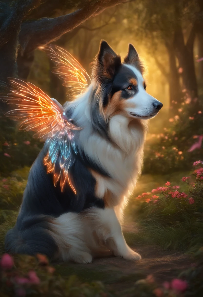 , the dog has neon wings on its back , 8k,obra-prima,alta qualidade,Collie or border collie dog, ele veste roupinhas fofas, ele usa roupa de pets, estilo desenhos animados,figura de pau,linhas de trabalho,illustration,Q version,Under the tree,Sente-se e coma caqui, neon lights in the background, magical world fantasy mystical