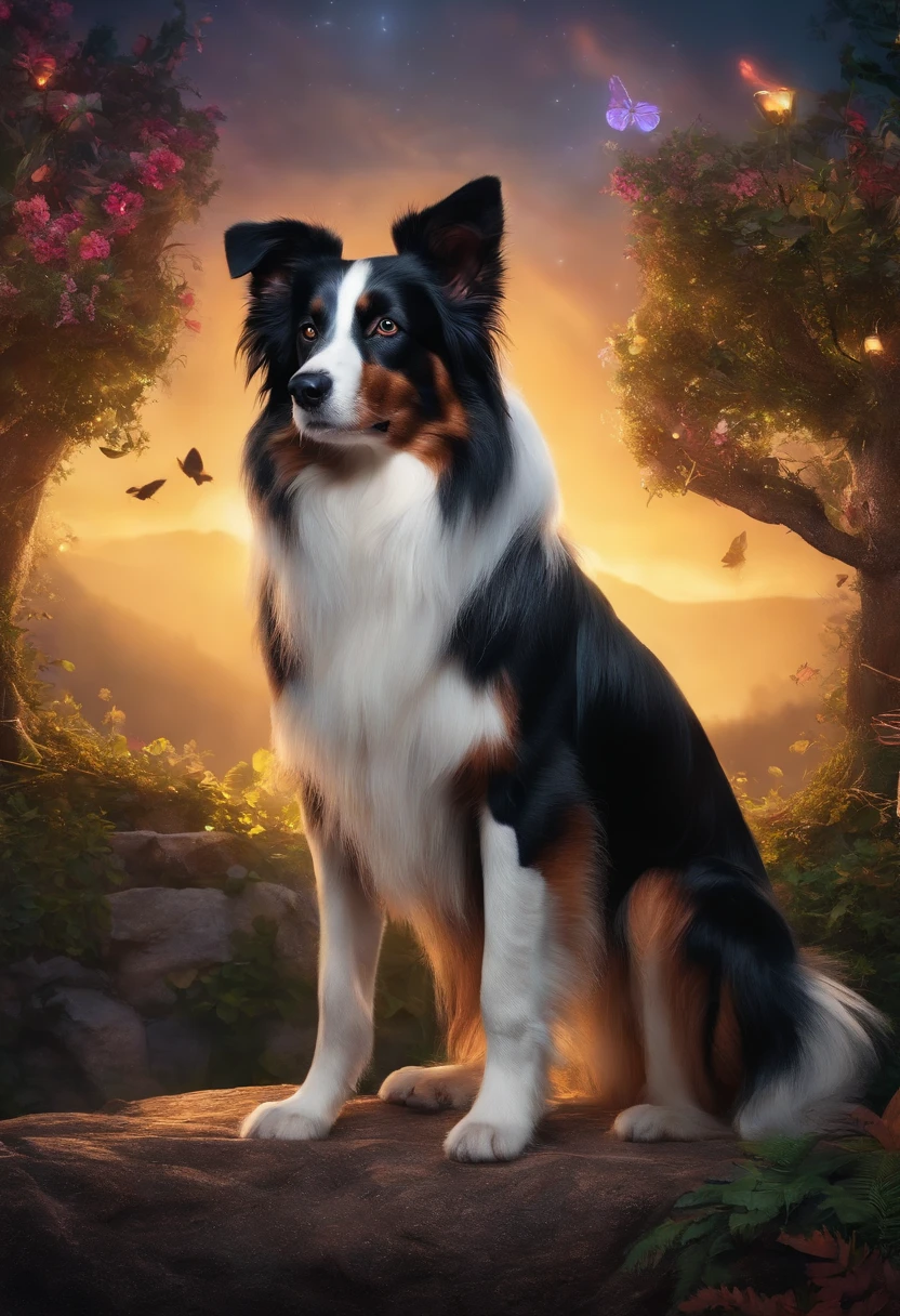 , the dog has neon wings on its back , 8k,obra-prima,alta qualidade,Collie or border collie dog, ele veste roupinhas fofas, ele usa roupa de pets, estilo desenhos animados,figura de pau,linhas de trabalho,illustration,Q version,Under the tree,Sente-se e coma caqui, neon lights in the background, magical world fantasy mystical