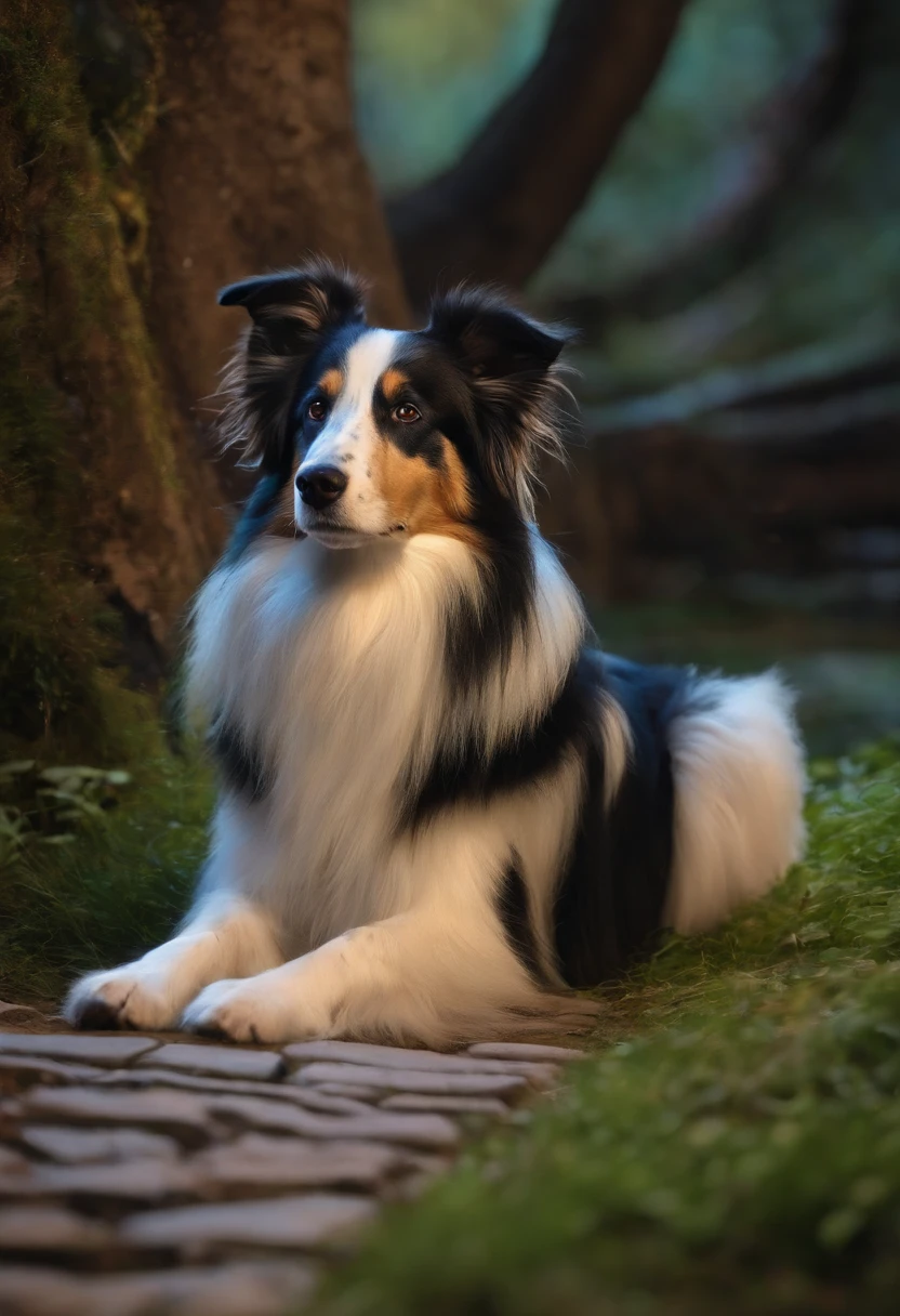, the dog has neon wings on its back , 8k,obra-prima,alta qualidade,Collie or border collie dog, ele veste roupinhas fofas, ele usa roupa de pets, estilo desenhos animados,figura de pau,linhas de trabalho,illustration,Q version,Under the tree,Sente-se e coma caqui, neon lights in the background, magical world fantasy mystical