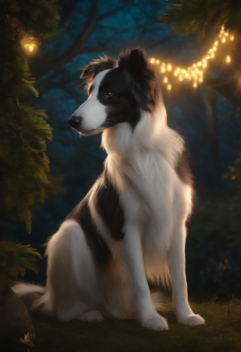 , the dog has neon wings on its back , 8k，obra-prima，alta qualidade，Collie or border collie dog, ele veste roupinhas fofas, ele usa roupa de pets, estilo desenhos animados，figura de pau，linhas de trabalho，illustration，Q version，Under the tree，Sente-se e coma caqui, neon lights in the background, magical world fantasy mystical
