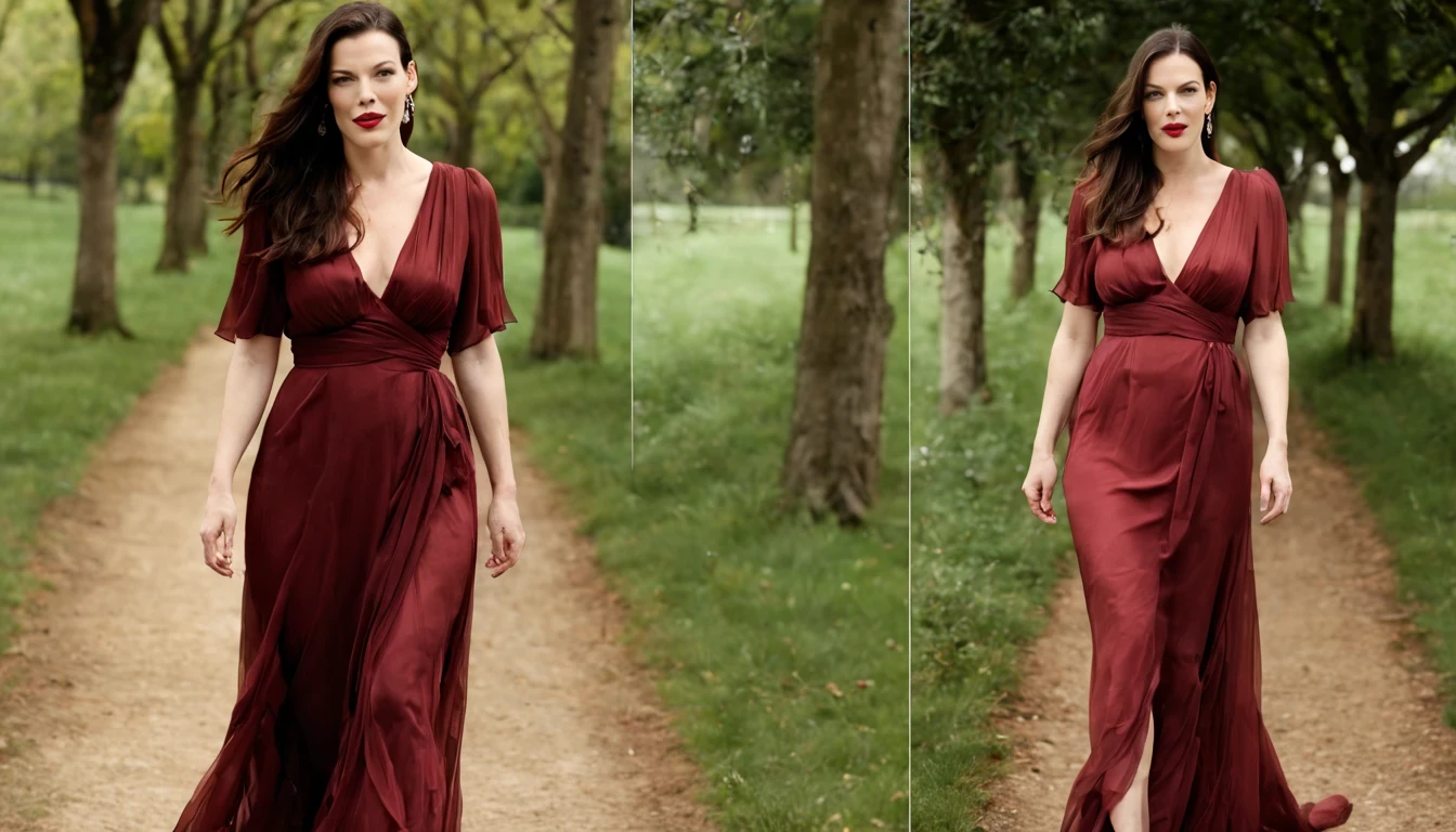Graceful and fluttering nymph, "Liv Tyler com vestido Vinho longo", caminhando no caminho florido com cerejeiras.