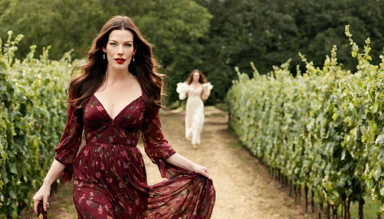 Graceful and fluttering nymph, "Liv Tyler com vestido Vinho longo",  caminhando no caminho florido com cerejeiras.