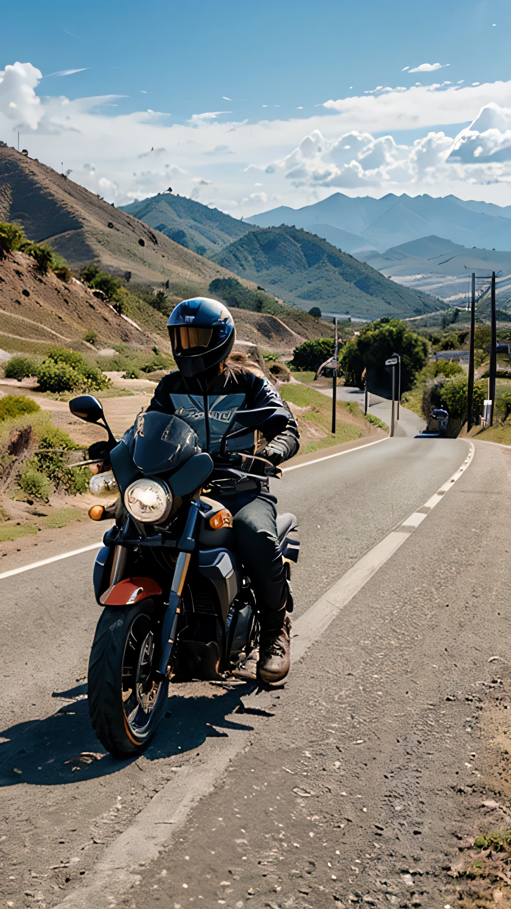 uma motocicleta em alta qualidade , em uma estrada deserta com um dia lindo de sol