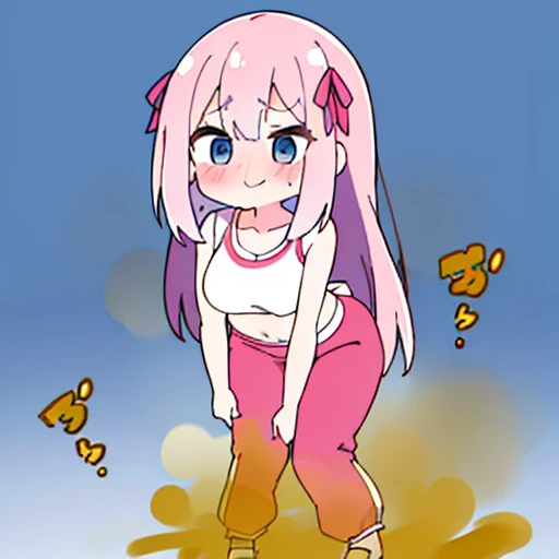 (master piece、super detail、highest quality、8k、32K、High resolution、Kyoto Animation Style Anime Illustration、highest qualityの公式アートの特徴: 1.6)、(caregiver) 、cute女の子 1 人、solo、Are standing、whole body、predecessor、Makeup、cute、: 1.3)、(:1.2)、(cute:1.5)、セクシーなcute女の子、Morning park during a run、shortness of breath、(Sweat)1.4、Satisfied smile、Wearing a light brown sports bra and jogger pants、Transparent shirt、Soft and clean focus、Realistic lighting and shading、Active、dynamism、(light pink hair、twin blade、long hair、hair ribbon、cuteリボン: 1.1)、thin eyebrows、big breasts、women stink、fart、shyness、blush、Gas comes out of the butt、put pressure on your face、lots of gas、My body trembles、Hip Attack、woman has stomach pain、woman's stomach growls