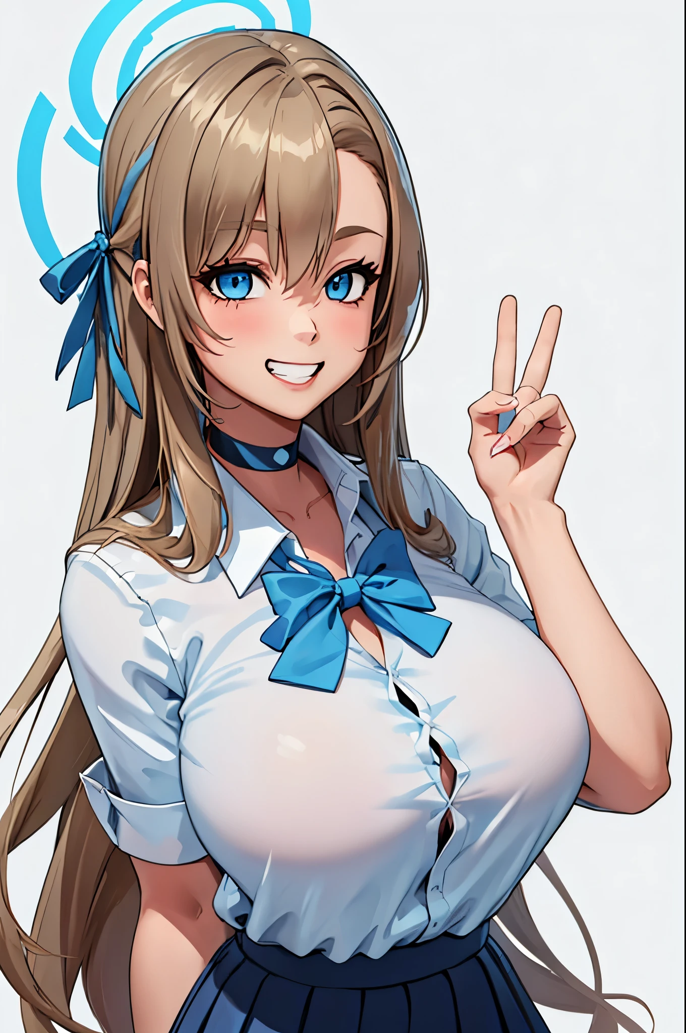 best quality, masterpiece, highres, solo, {asuna_bluearchive:1.15}, long_hair, bangs, blue_eyes, smile, hair_over_one_eye, light_brown_hair, breasts, blush, halo, large_breasts, ribbon, bow, bowtie, grin, hair_ribbon, blue_bow, blue_bowtie, cleavage, blue_ribbon, animal_ears, very_long_hair, fake_animal_ears, rabbit_ears, mole, mole_on_breast, 1girl, choker, collared_shirt, looking_at_viewer, school_uniform, shirt, white_shirt, black_choker, asymmetrical_bangs, simple_background, white_background, upper_body