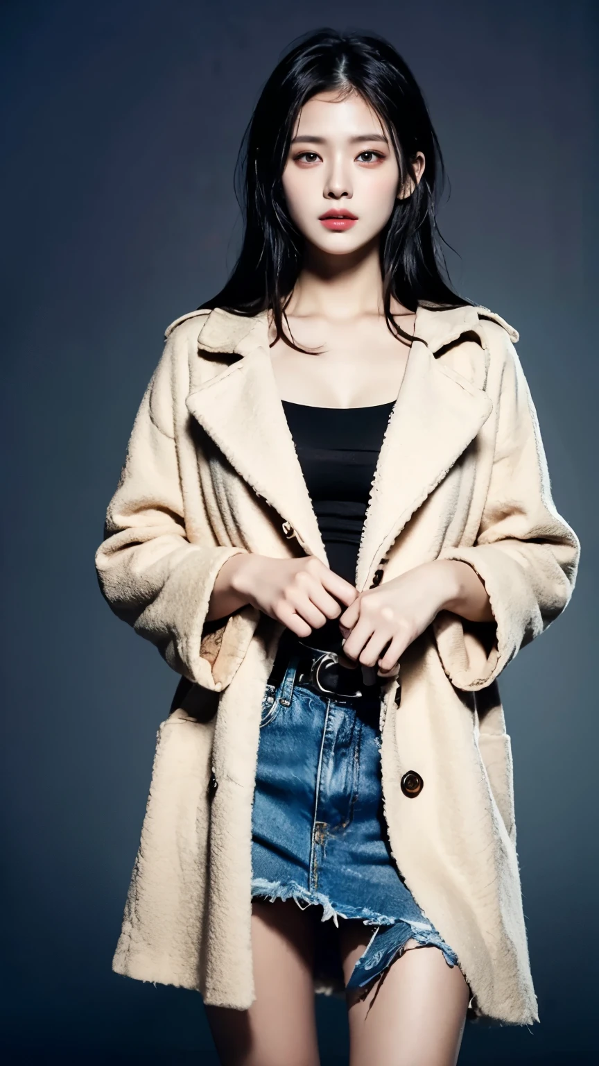 beautiful girl，With realistic dark eyes, pale skin, Medium-long black hair, perfect face, perfect eyes, Wear a red coat, Very detailed, synthesis, number, 8k, Cinema lighting, best quality, high resolution, detailed work, post processing, Perfect results, Surreal