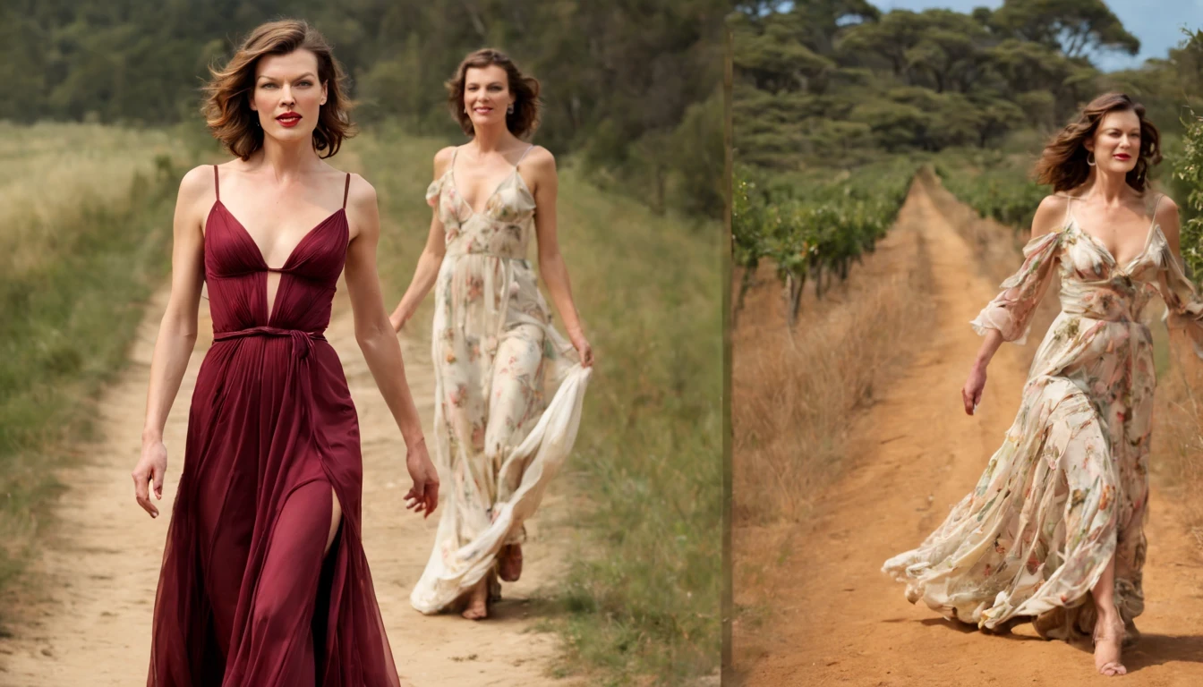 Graceful and fluttering nymph, "Milla Jovovich com vestido Vinho longo", caminhando no caminho florido com cerejeiras.