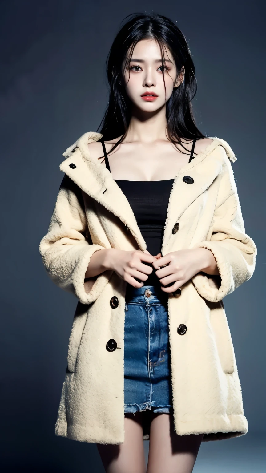 beautiful girl,With realistic dark eyes, pale skin, Medium-long black hair, perfect face, perfect eyes, Wear a red coat, Very detailed, synthesis, number, 8k, Cinema lighting, best quality, high resolution, detailed work, post processing, Perfect results, Surreal